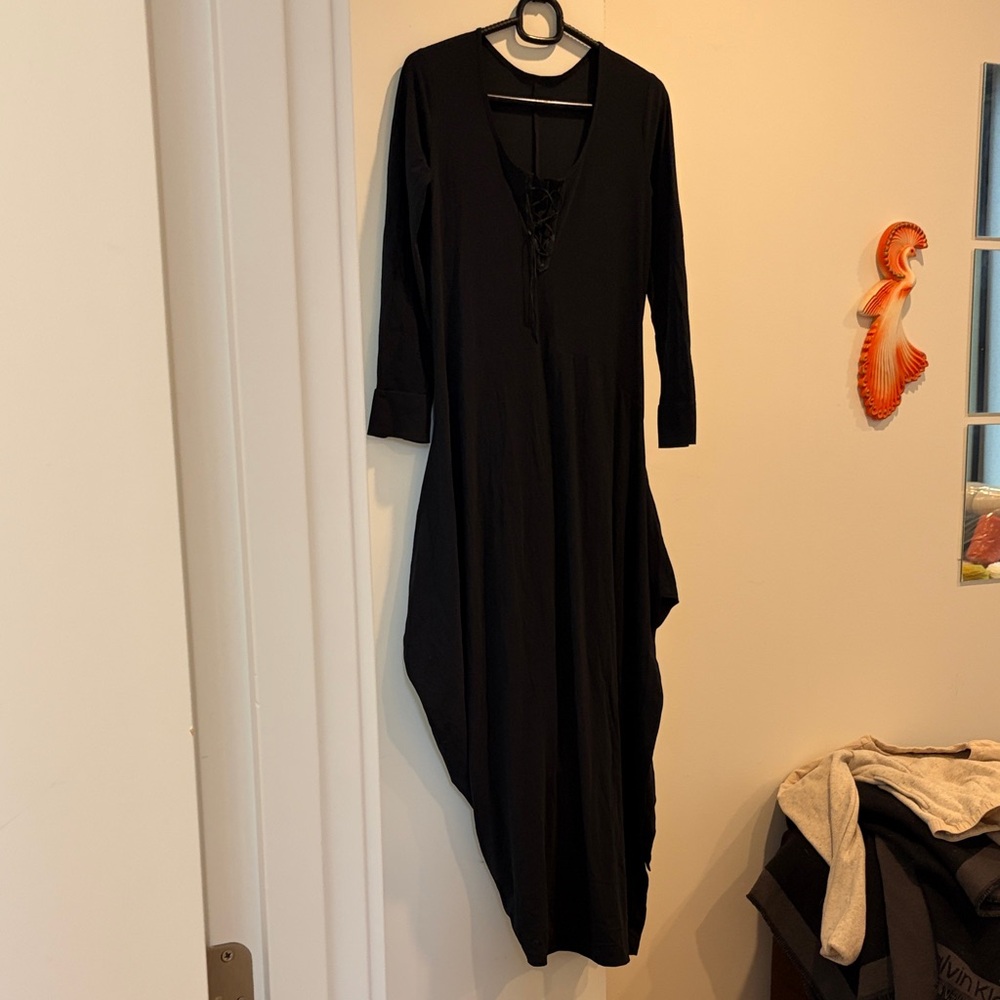 Marithe Francois Girbaud Black Long-Sleeve Lace-Up Maxi Dress
